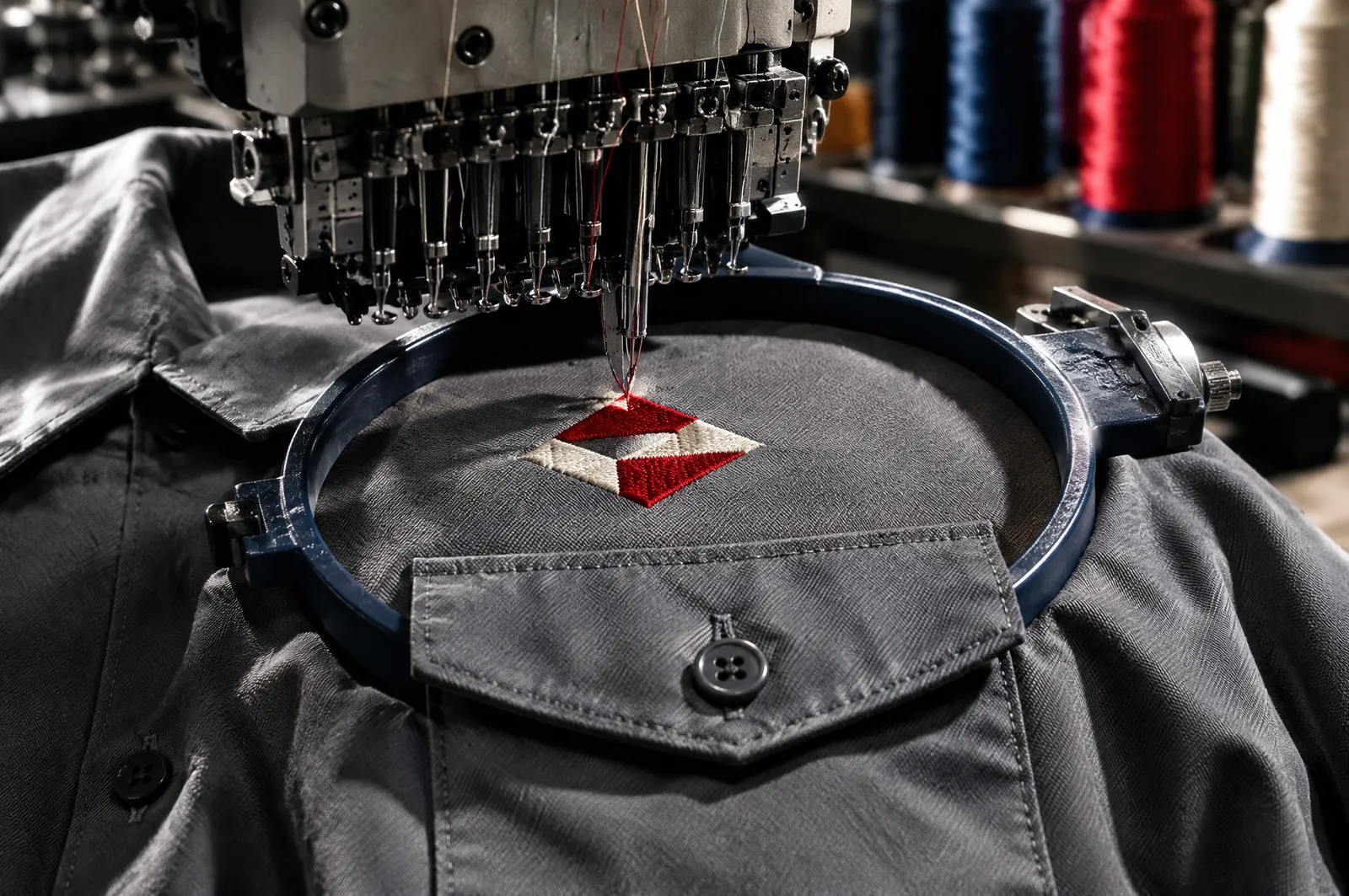 Cabezal de bordado bordando un emblema geométrico arriba de la cartera de la bolsa de una camisola gris