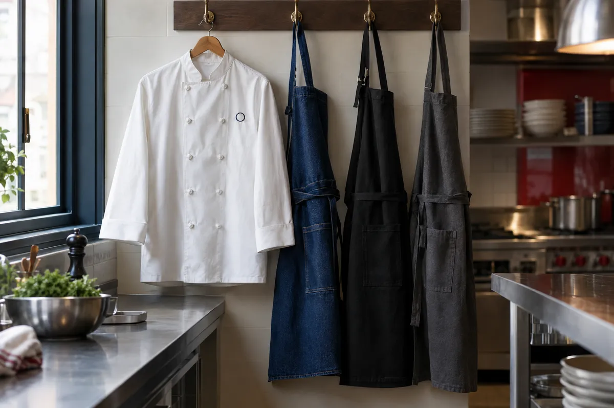 Filipina de chef blanca con un emblema redondo bordado en el pecho, junto a mandiles de mezclilla, negro y gris colgados en ganchos de una cocina
