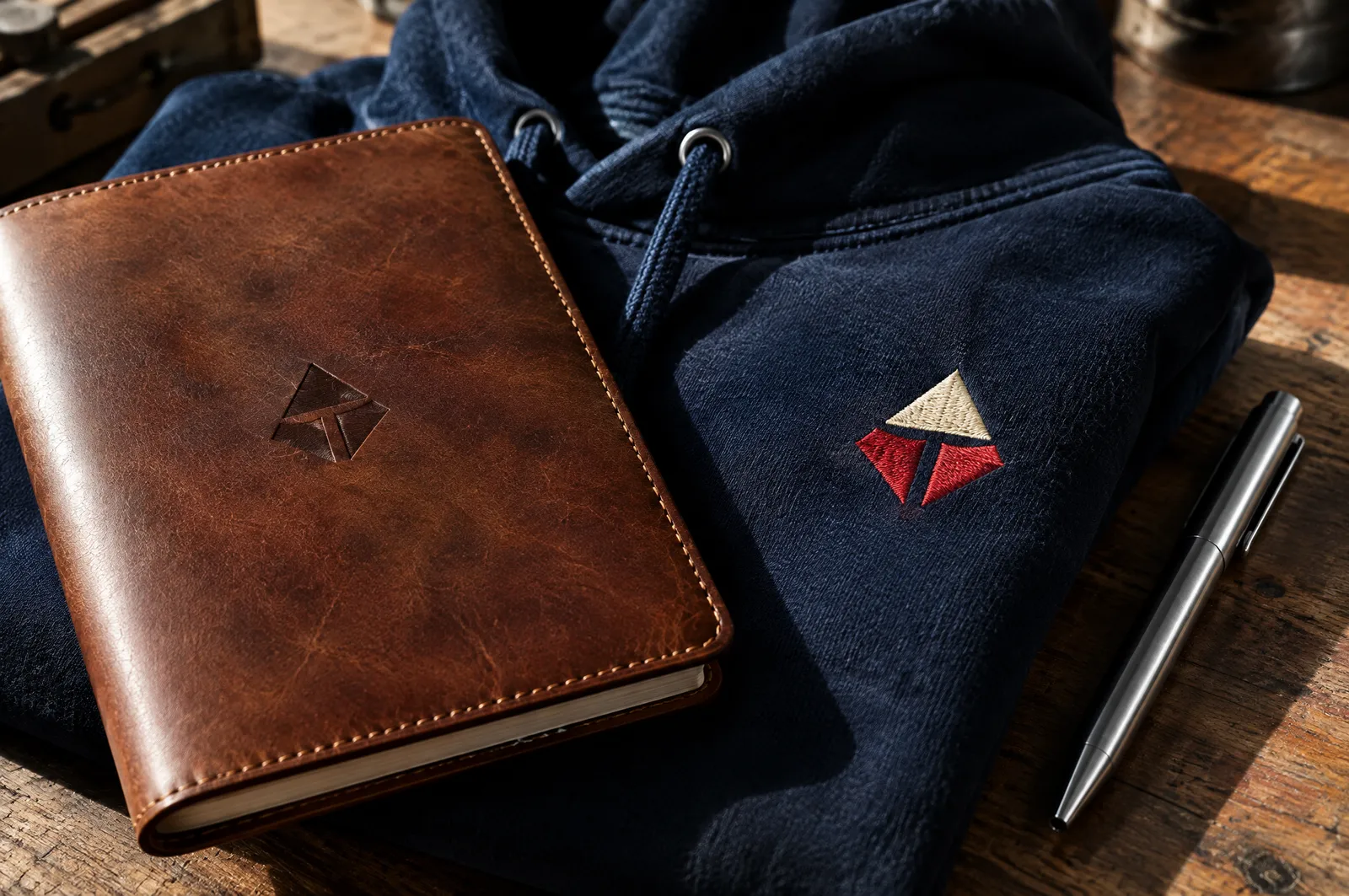 Libreta de piel con un emblema grabado a láser sobre una sudadera azul marino con un emblema bordado en hilo rojo y crema