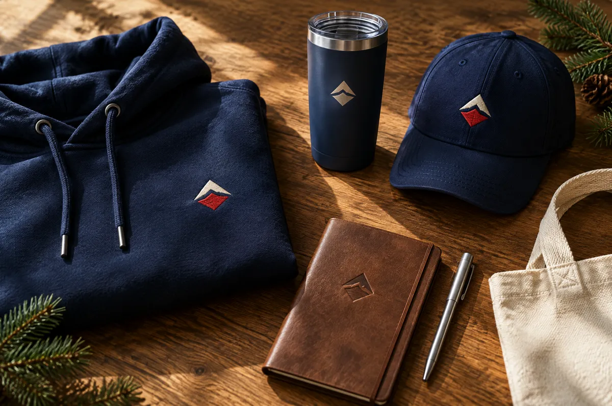 Sudadera azul marino doblada con un emblema bordado, termo grabado, libreta de piel y gorra sobre una mesa de madera del taller