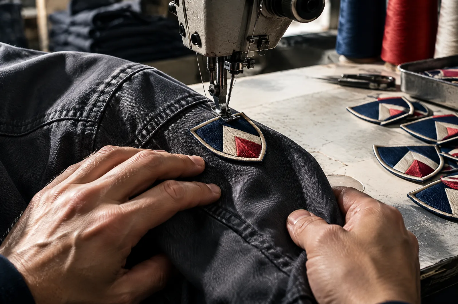 Manos cosiendo una insignia bordada en forma de escudo en la manga de una camisa de uniforme