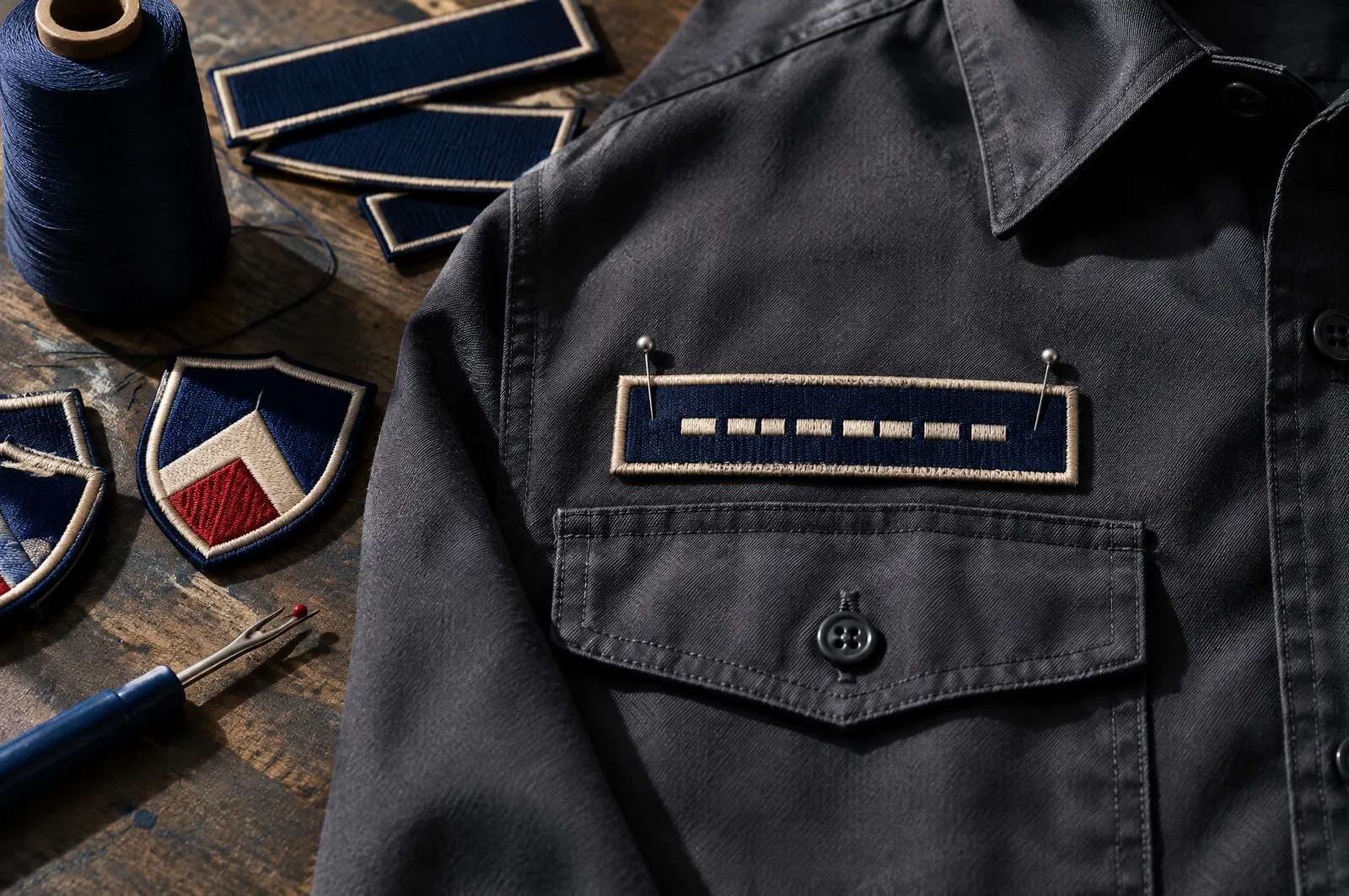 Cinta de nombre bordada sujeta con alfileres arriba de la bolsa derecha de una camisa de uniforme gris