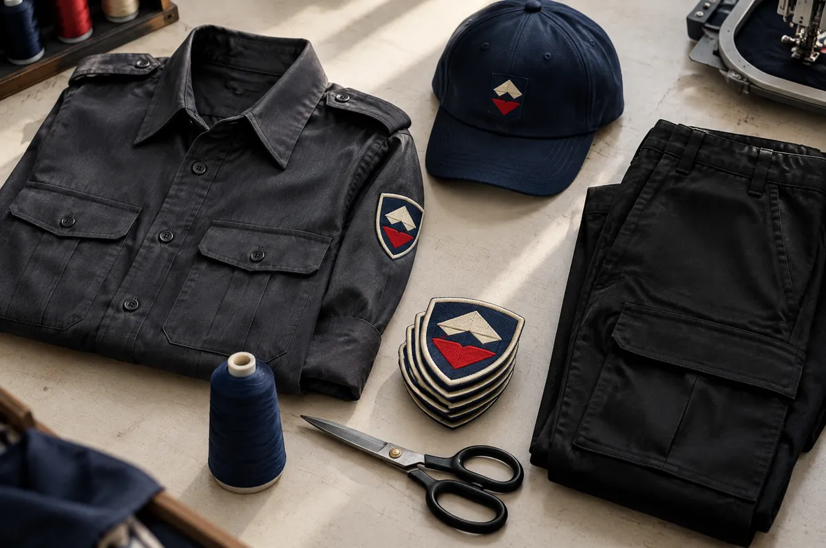 Camisa de uniforme gris oscuro con una insignia bordada en forma de escudo en la manga, pantalón negro tipo cargo, gorra azul marino e insignias sueltas sobre una mesa del taller